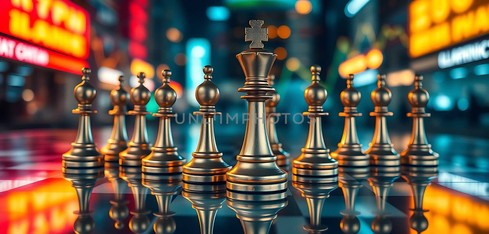 A set of golden chess pieces stands prominently on a reflective surface under neon city lights, conveying a strategic game atmosphere amidst urban energy.
