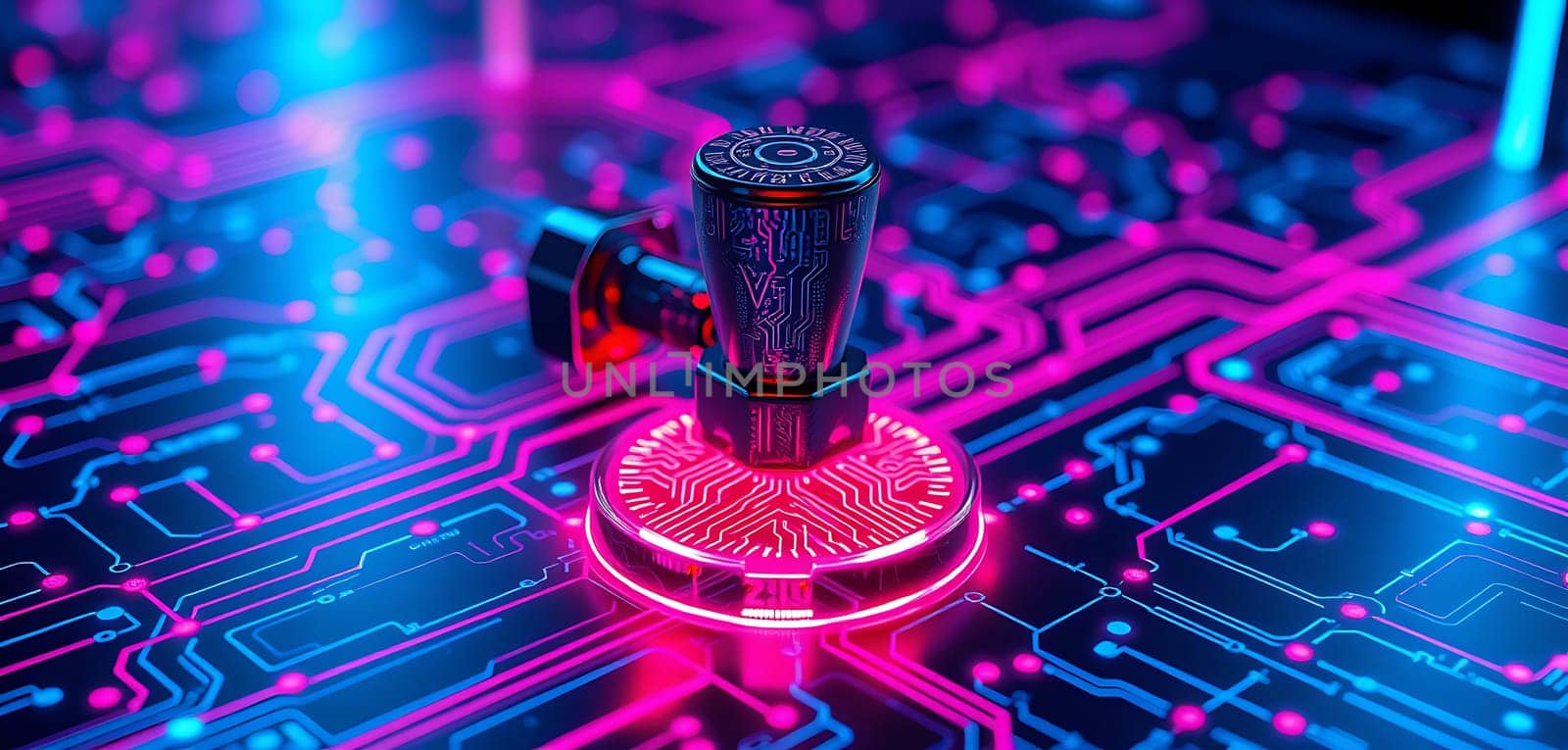 The design features a striking valve positioned on a vibrant circuit board adorned with bright neon lines and intricate patterns, symbolizing modern technology.