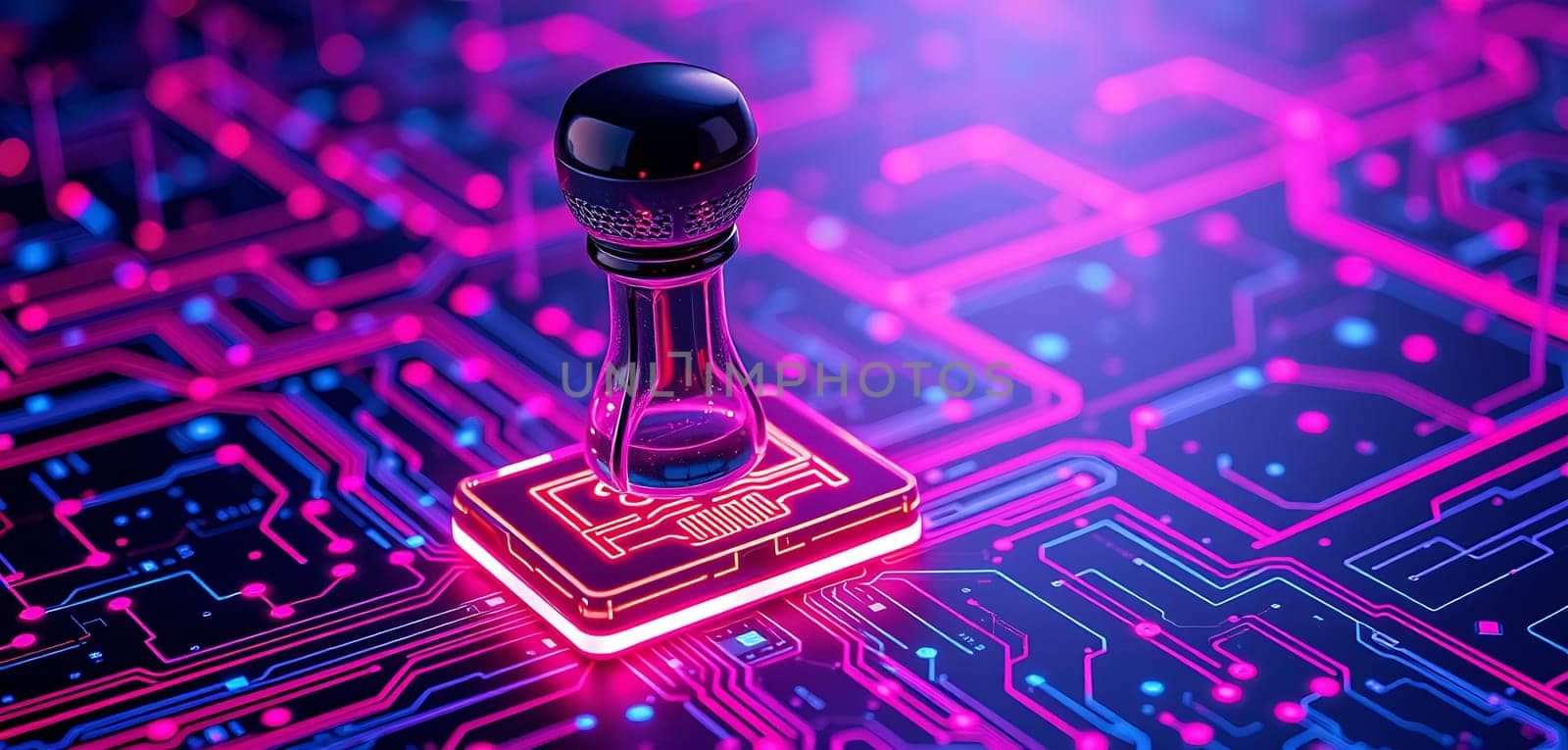 The glass stamp stands prominently on a illuminated circuit board, showcasing glowing patterns in shades of pink and blue, reflecting a modern technological theme.
