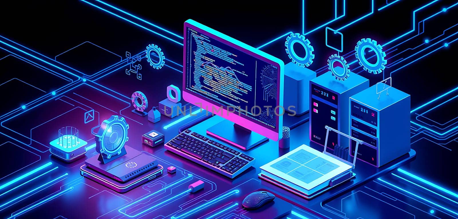 Brightly colored workspace showcasing a computer setup with coding displayed on the monitor and various high-tech gadgets, illustrating a creative tech environment.