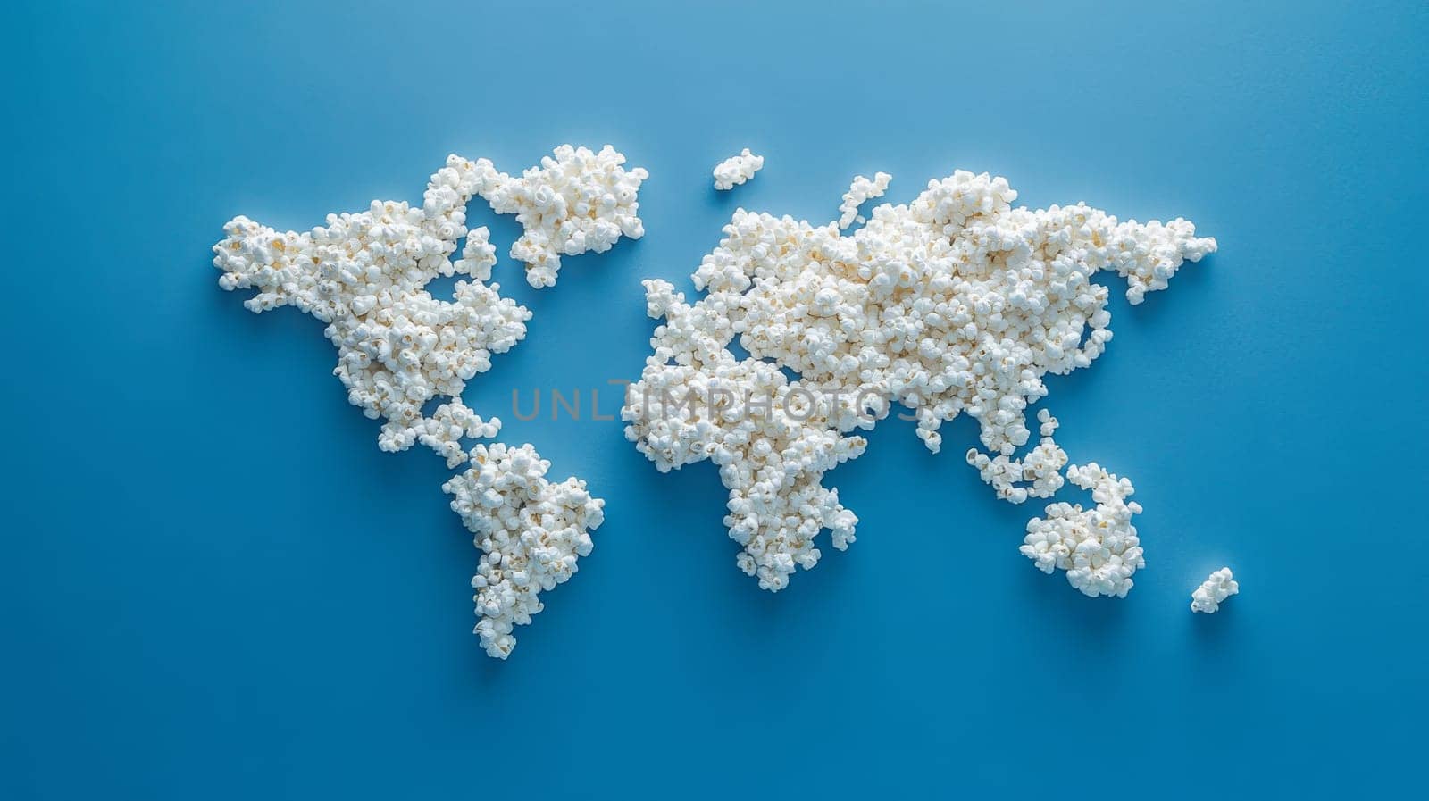 Map of the world made from popcorn on blue background. Creative geography concept.