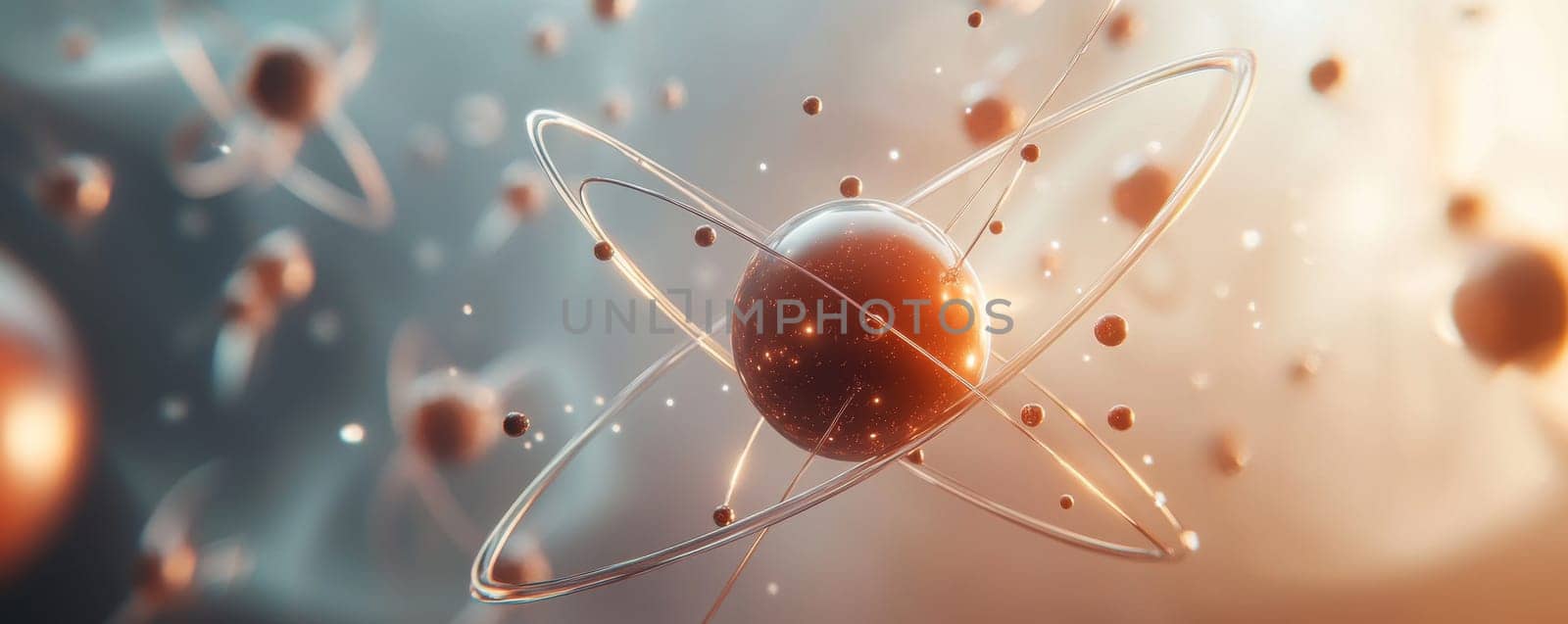 Atomic structure with electrons orbiting proton, scientific concept.