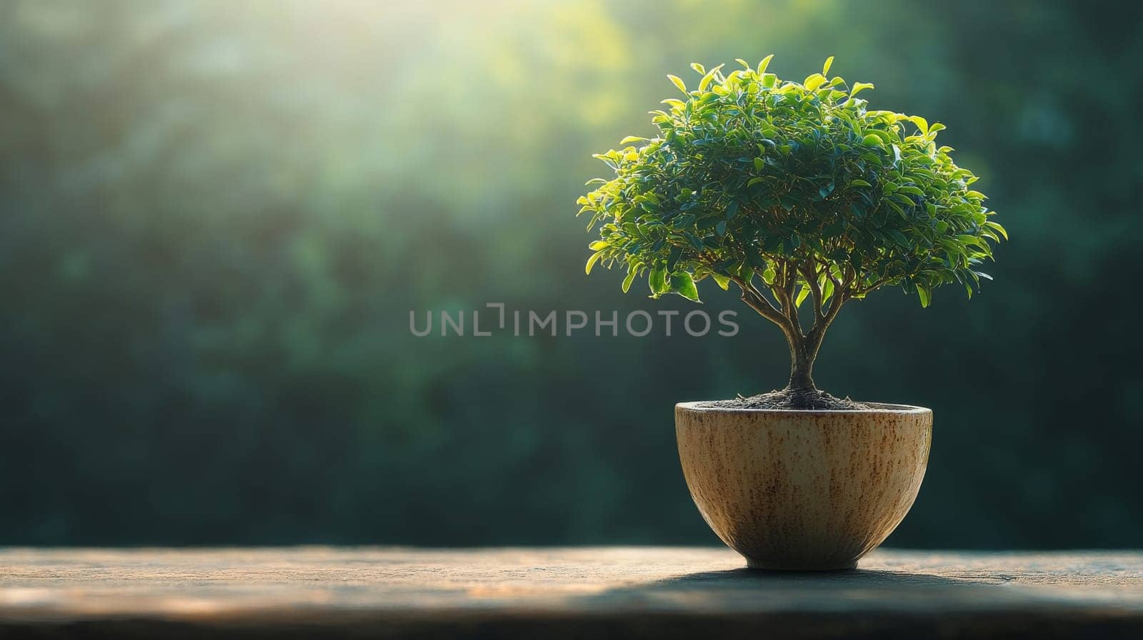 Potted bonsai tree on wooden table, sunlight background. Nature and tranquility concept.