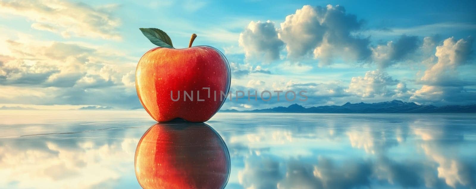 Red apple on reflective surface with cloudy sky.