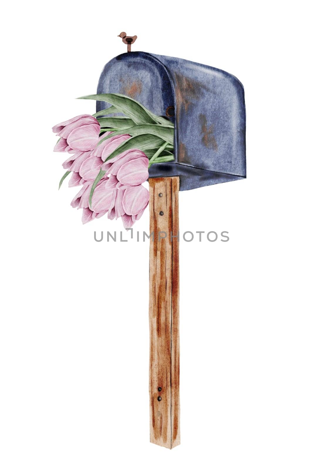 Mailbox watercolor. Vintage blue letter container on a wooden stand with with tulips. Isolated clip art on white background. Ideal for postcards for Postal Day, Postal Worker. High quality illustration