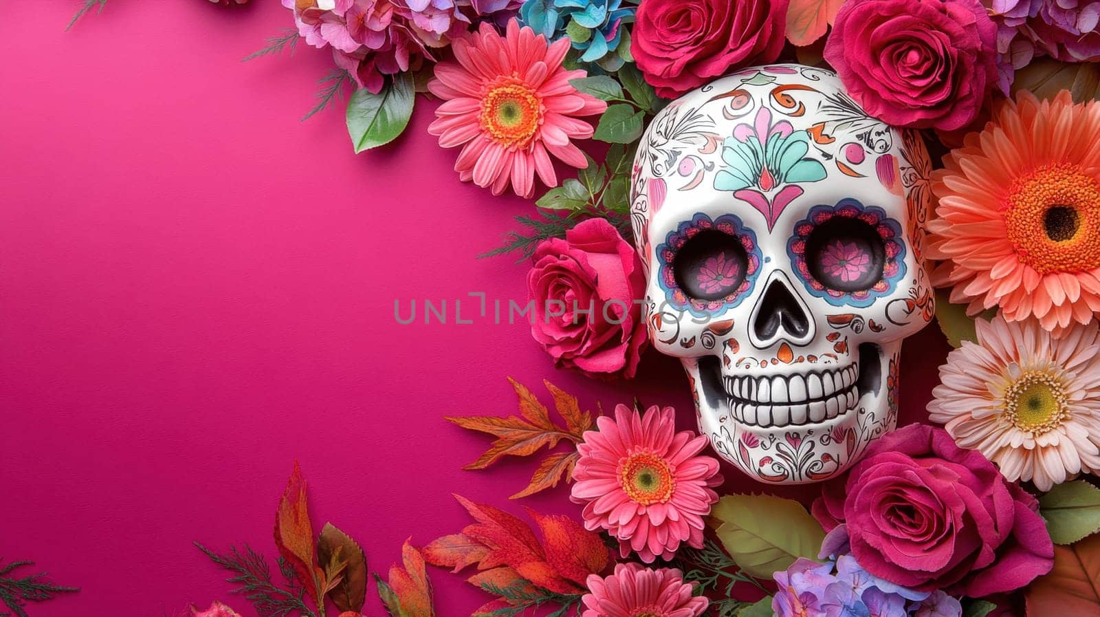 Sugar Skull with Flowers on Pink Background, Day of the Dead Decoration