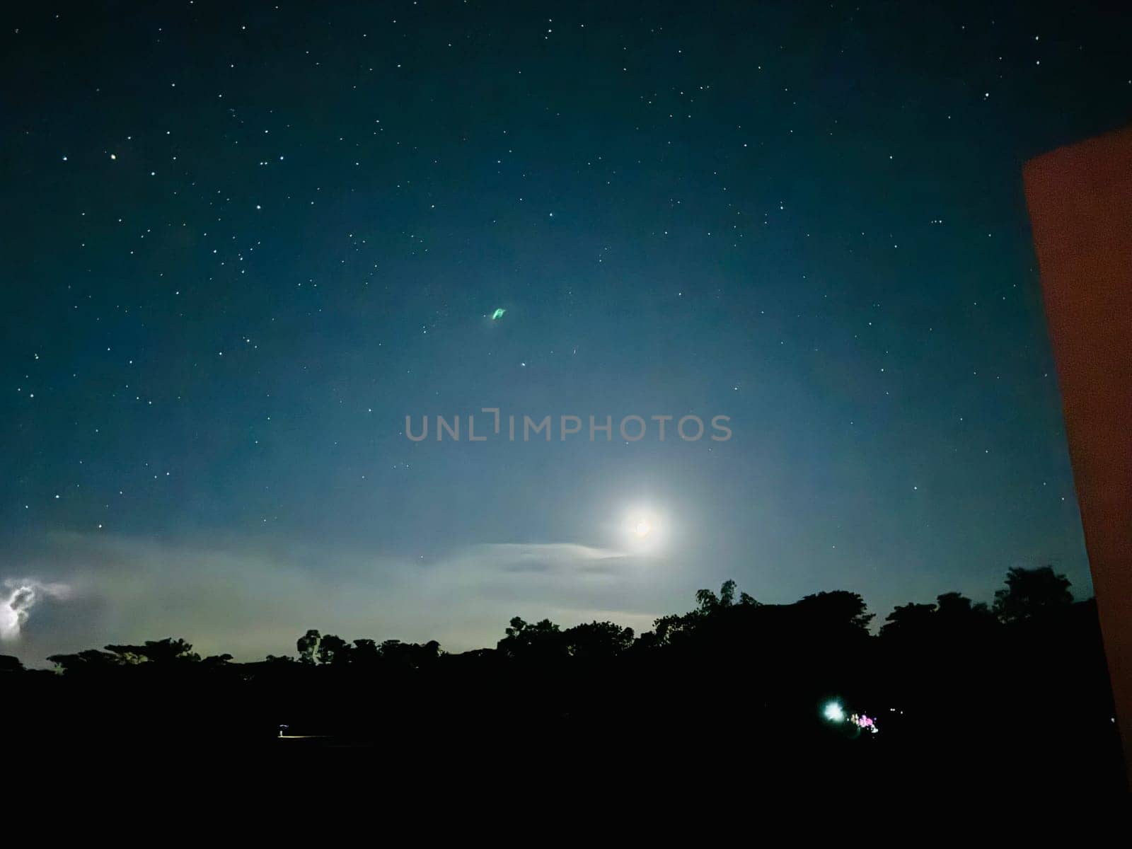 A tranquil night scene showcases a clear sky adorned with countless stars, a bright moon illuminating the landscape, and a comet streaking across the horizon amid distant trees.