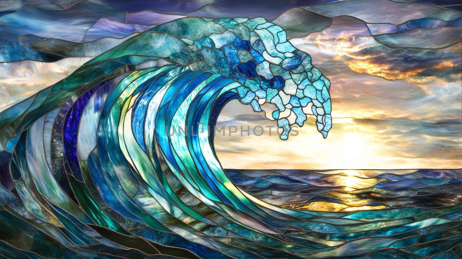 Stained glass ocean wave at sunset, artistic seascape. Creative art and nature concept.