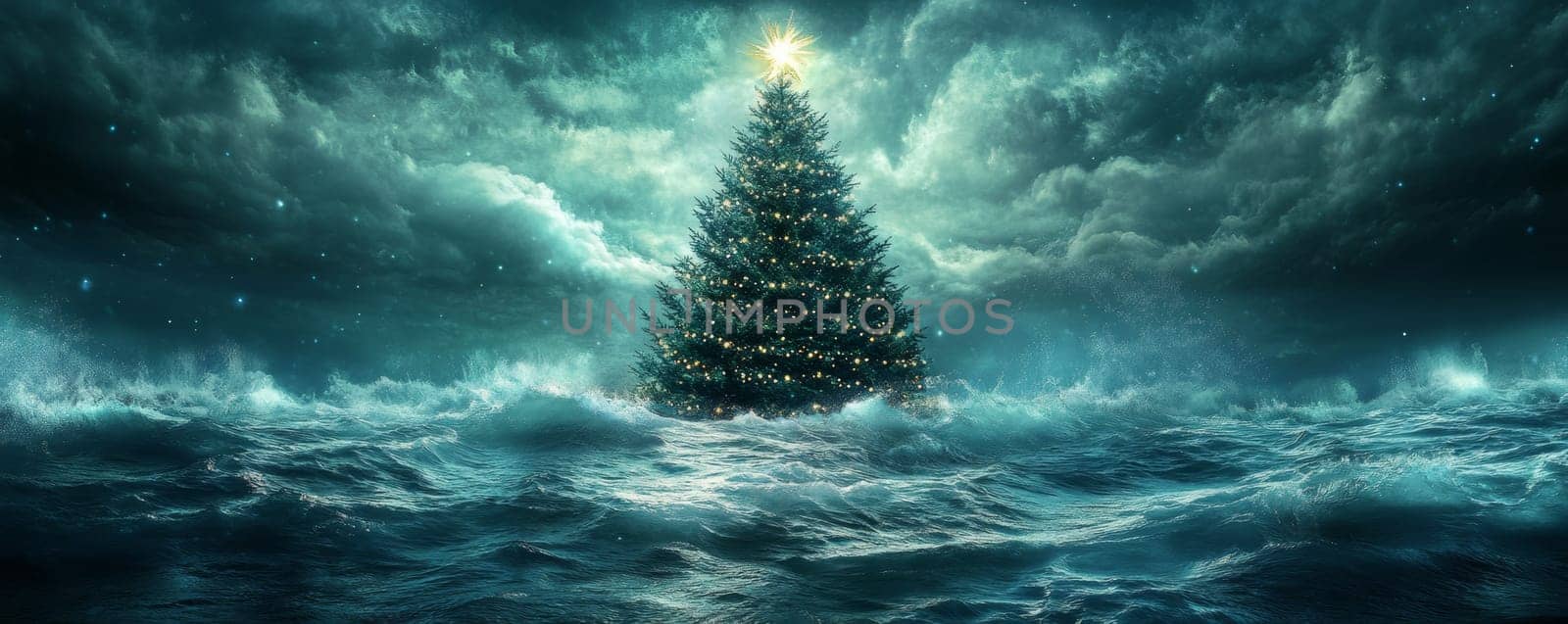 Christmas tree glowing in stormy ocean, surreal night. Festive holiday and wonder concept.