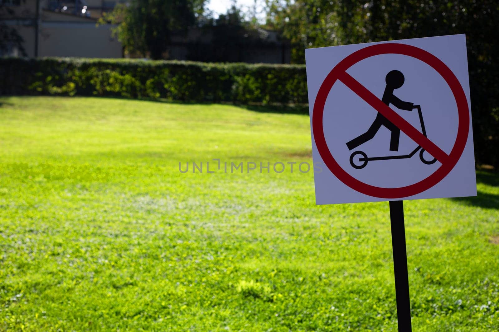 Sign in grassy field says no scooter in park. Sign is red and black. Symbol prohibiting the use of scooter near field green in background