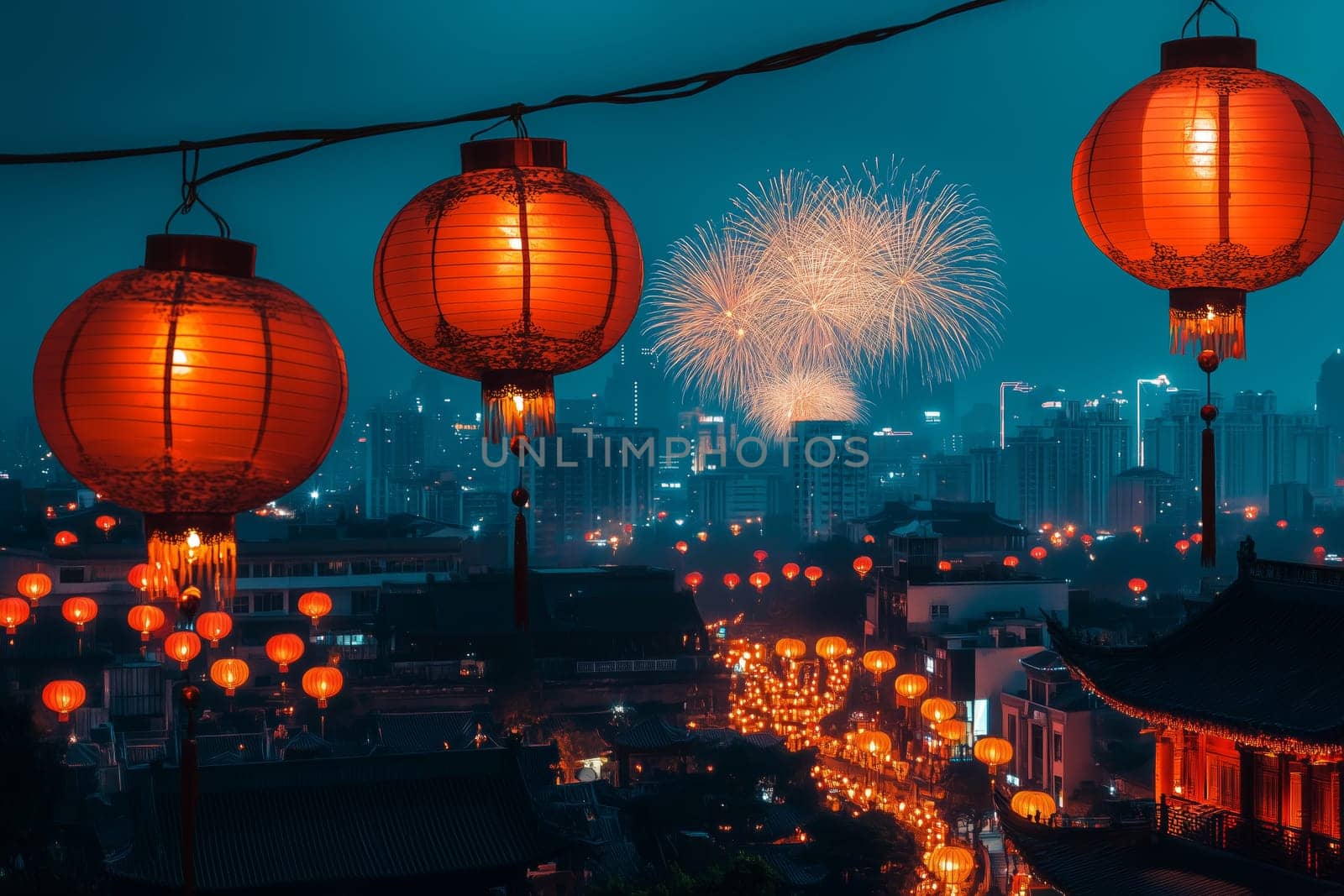 The city comes alive with vibrant lanterns and dazzling fireworks in celebration of Chinese New Year. The skyline glows as crowds gather, embracing the joyous atmosphere.