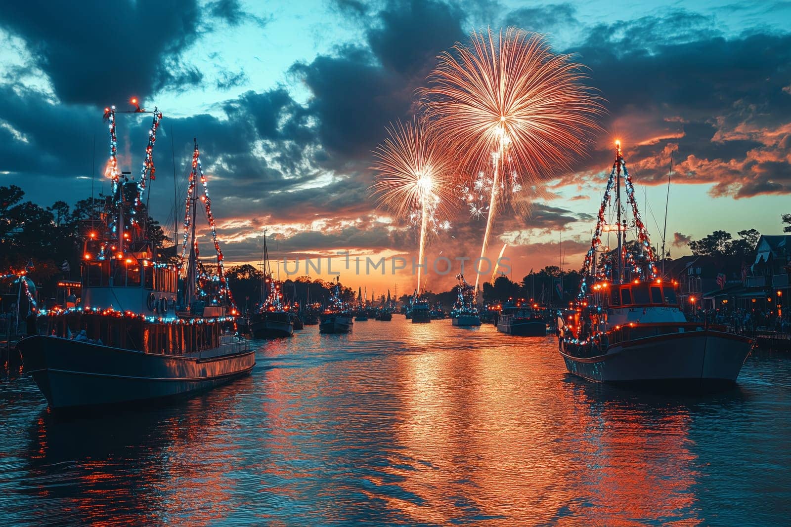 As dusk falls over the waterfront, festive boats adorned with lights float majestically while fireworks burst overhead, creating a magical Mardi Gras atmosphere.