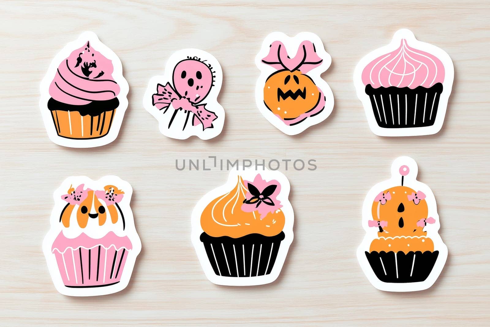 A delightful collection of Halloween stickers showcases playful designs of pink cupcakes, charming ghosts, and festive pumpkins, perfect for seasonal celebrations and crafts.