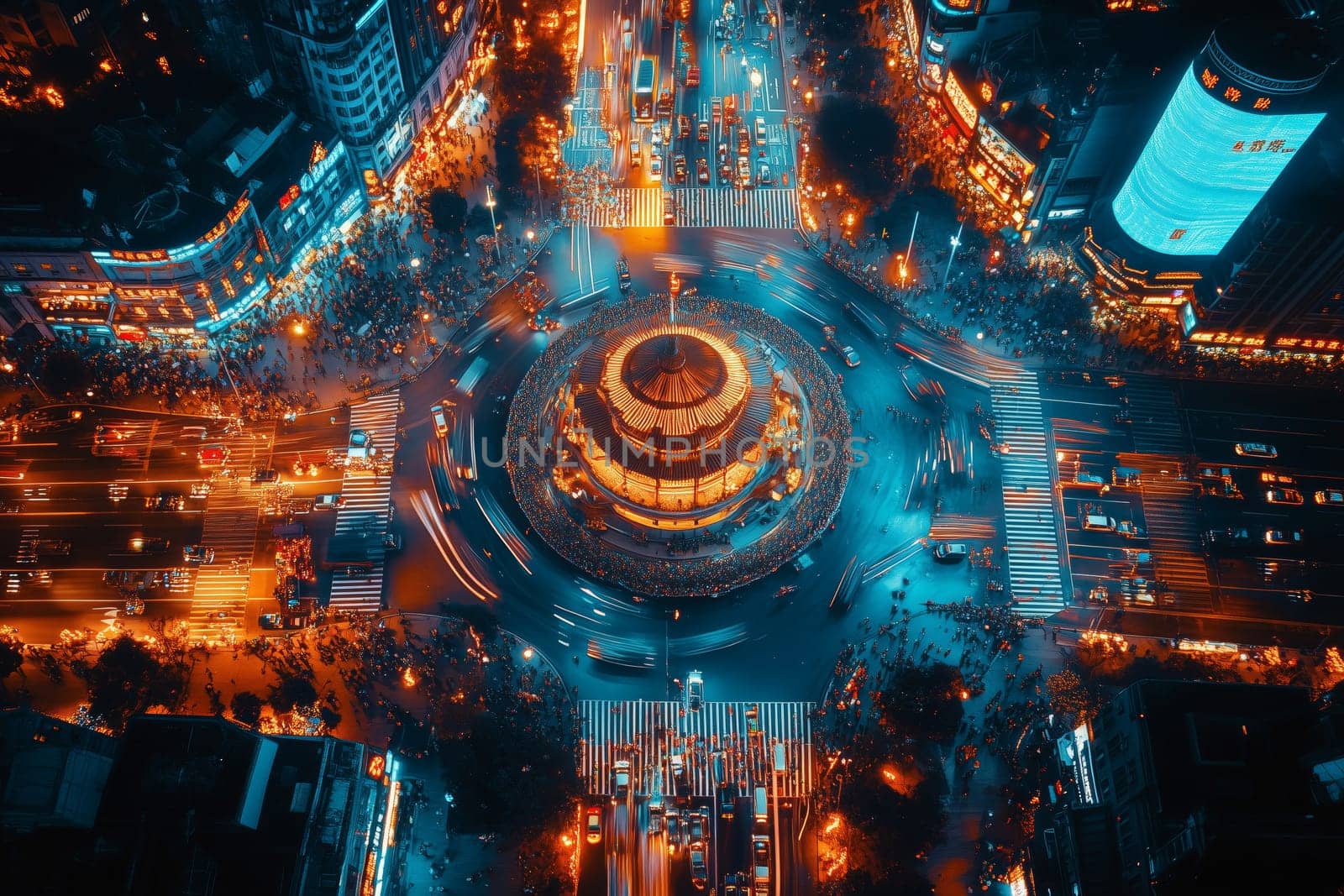 An electrifying cityscape comes alive at night, filled with bustling crowds and shimmering lights. The vibrant circular hub radiates energy as people celebrate.