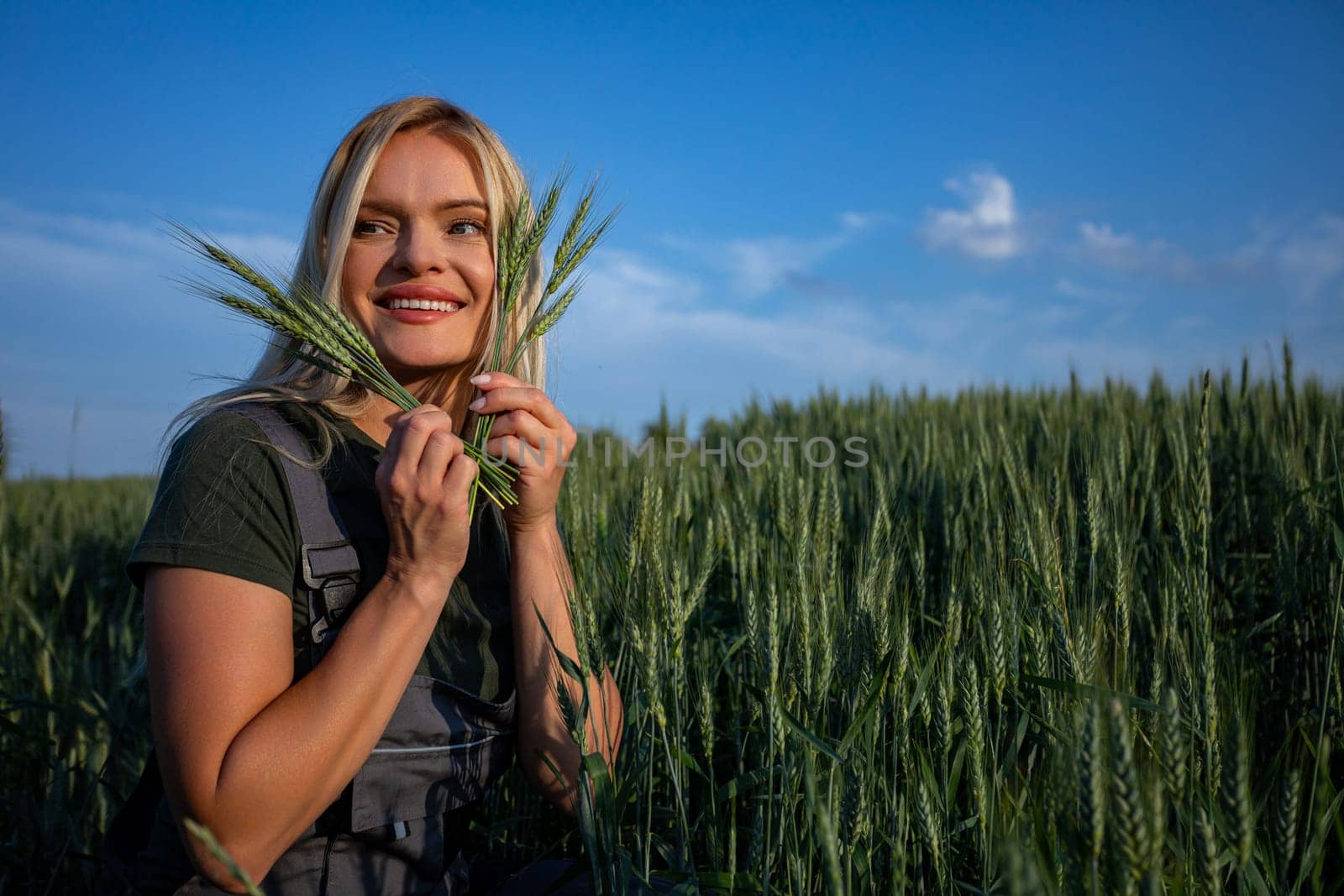 In a sun-kissed wheat field, a female farmer stands, her hands cradling freshly harvested wheat stalks. With a wide smile, she arranges them near her face, revealing her gleaming white teeth. Radiating satisfaction, she celebrates the bountiful harvest. Her sun-kissed skin and blonde hair blend with the golden hues of the landscape. Clad in work attire, she embodies the essence of rural life. The vibrant green color of the wheat stalks contrasts beautifully against the golden backdrop, symbolizing the abundance of nature's bounty. This image captures the joy and pride of farming, where hard work and dedication yield fruitful results. Against the backdrop of the sprawling countryside, the farmer's contentment shines through, a testament to the rewards of agricultural labor. With each stalk held tenderly, she honors the cycle of growth and the timeless connection between farmer and land