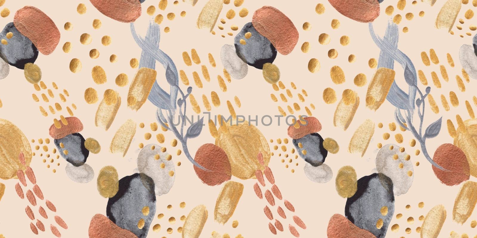 Seamless abstract pattern with gouache painted geometric shapes ovals and dots for textile design and autumn prints