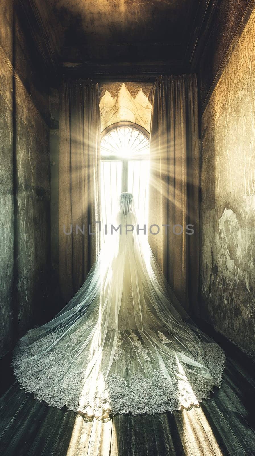 Bride in sunlight wearing gown and wedding veil with sunbeams illuminating bridal dress