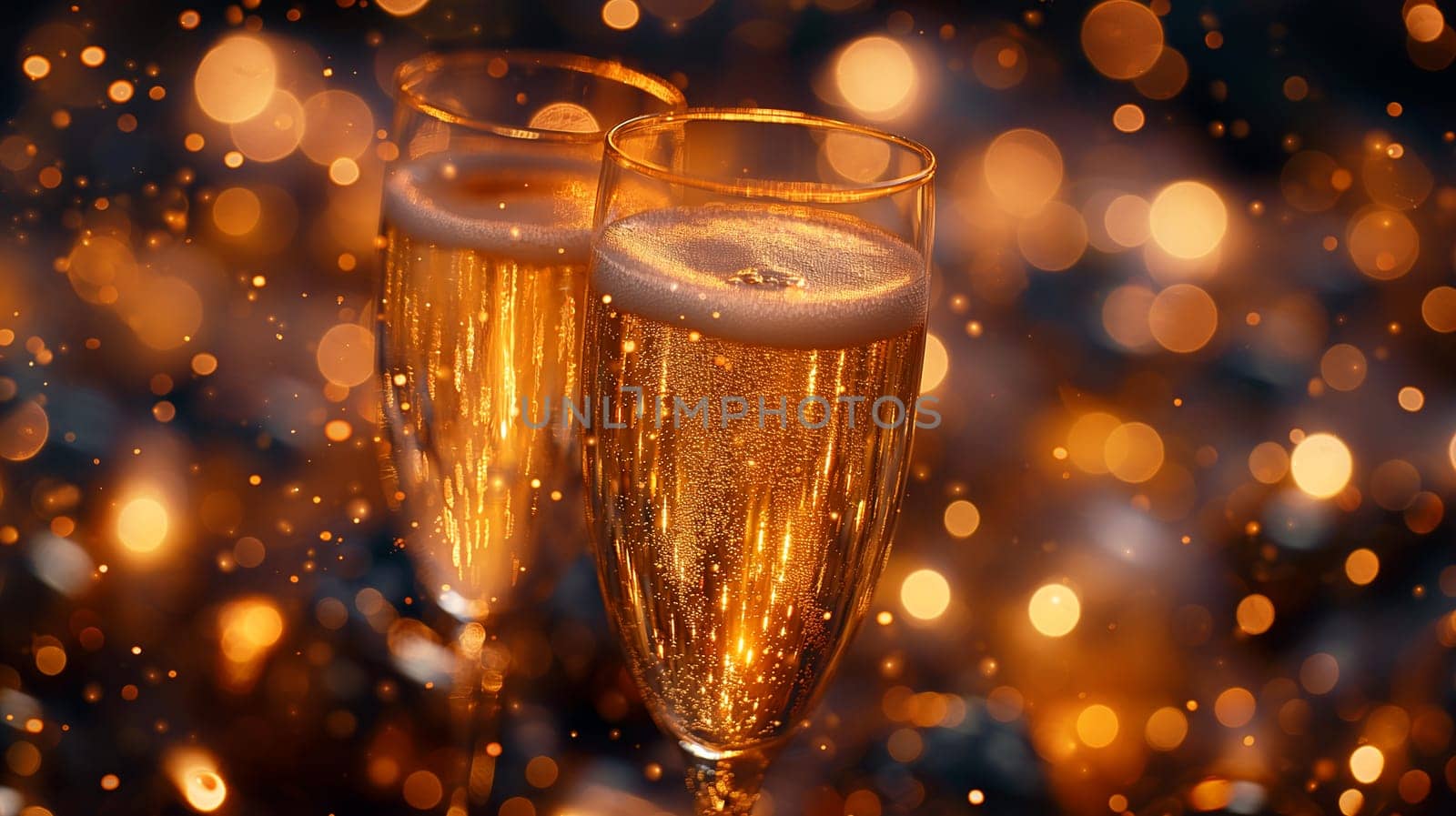Elegant champagne glasses with sparkling bubbles and glowing background for festive celebration