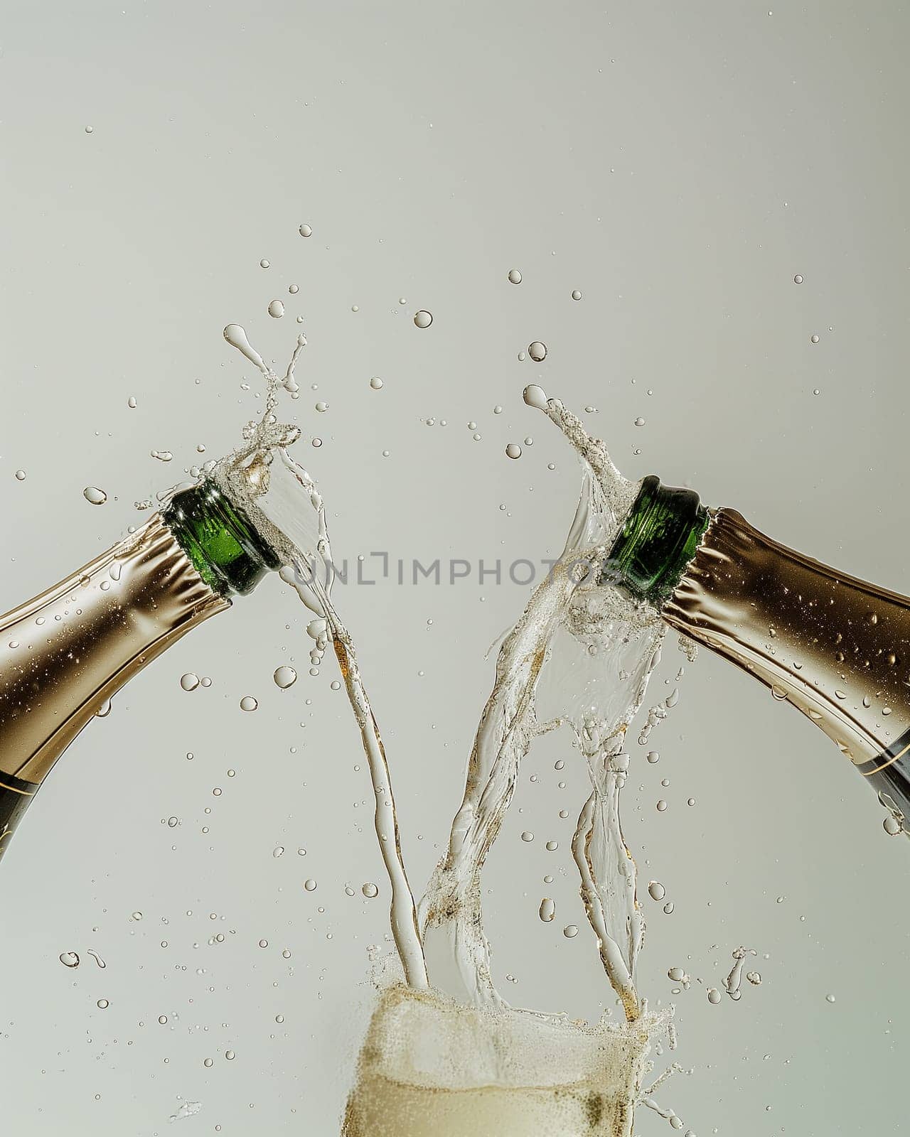 Champagne celebration with bubbles splashing from toasting bottles, perfect for a party or festive drink