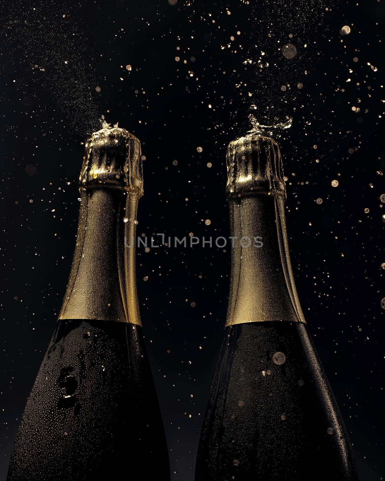 Two champagne bottles foaming with sparkling bubbles and gold drink ideal for celebration party