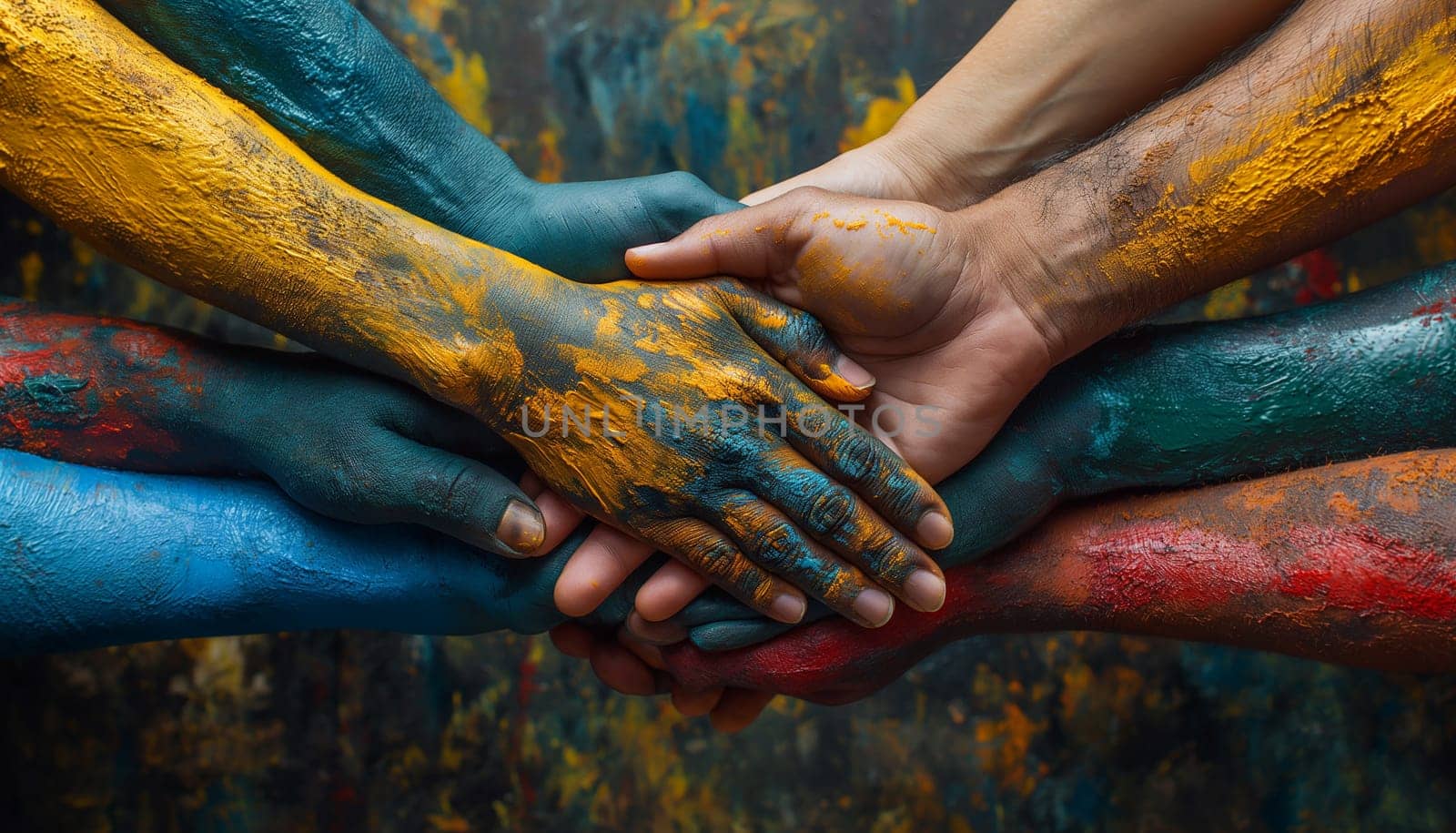 Hands painted with colorful texture symbolizing teamwork, diversity, and togetherness united by art