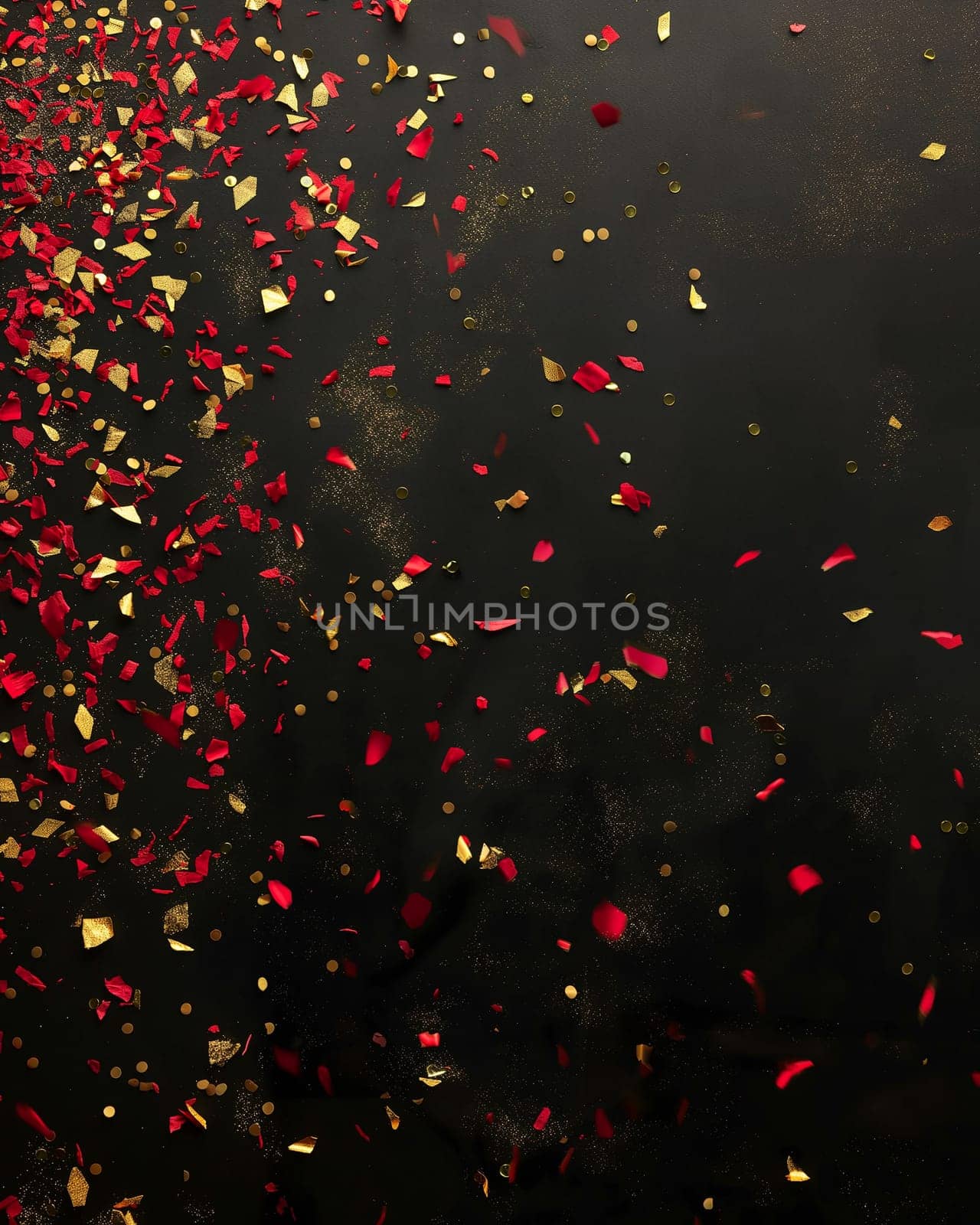 Colorful confetti and glitter background for festive celebration with red and gold sparkling decor