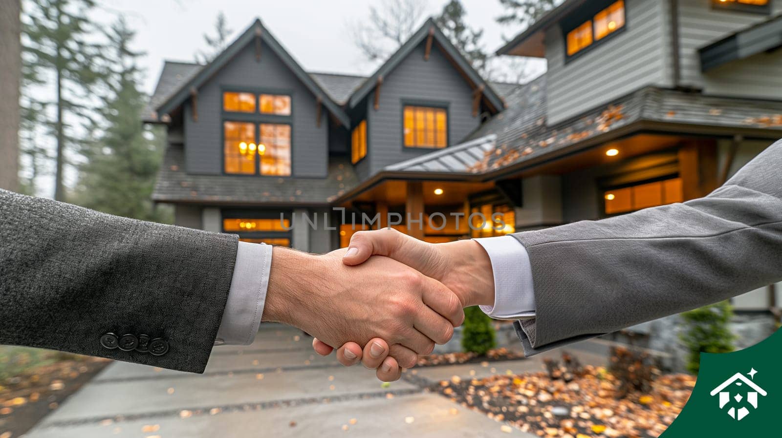 Business handshake in front of house indicating realty deal with agreement on property purchase