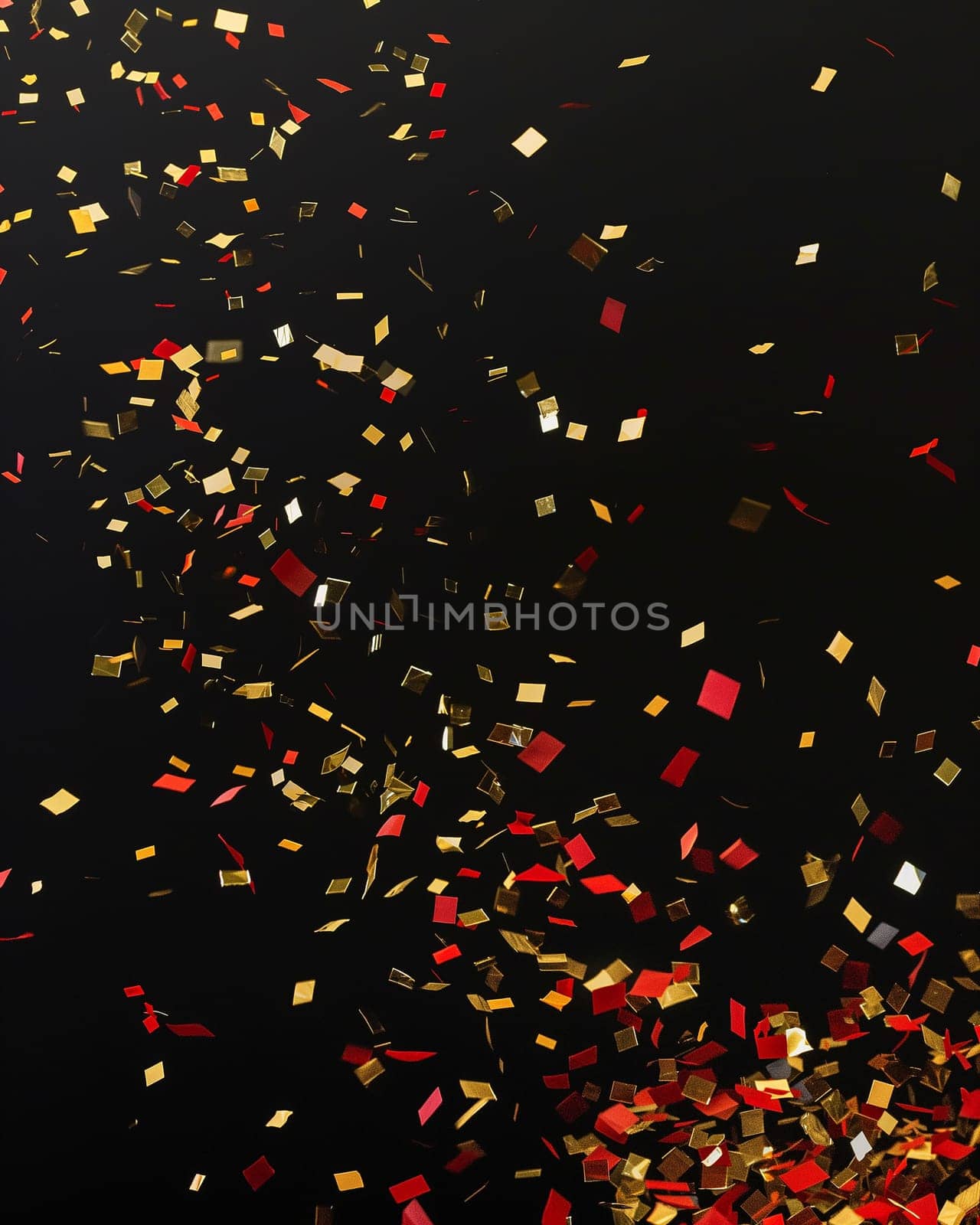 A vibrant event celebration with colorful confetti and gold and red decorations falling cheerfully