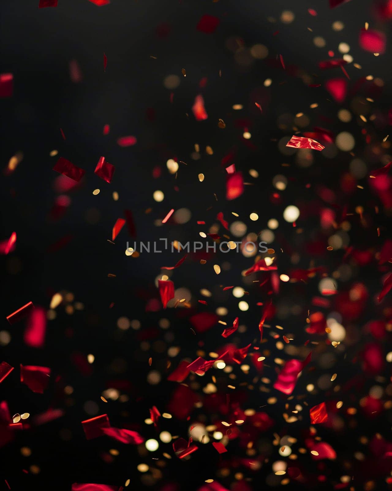 Confetti celebration with red and gold sparkle background blur for festive party occasion