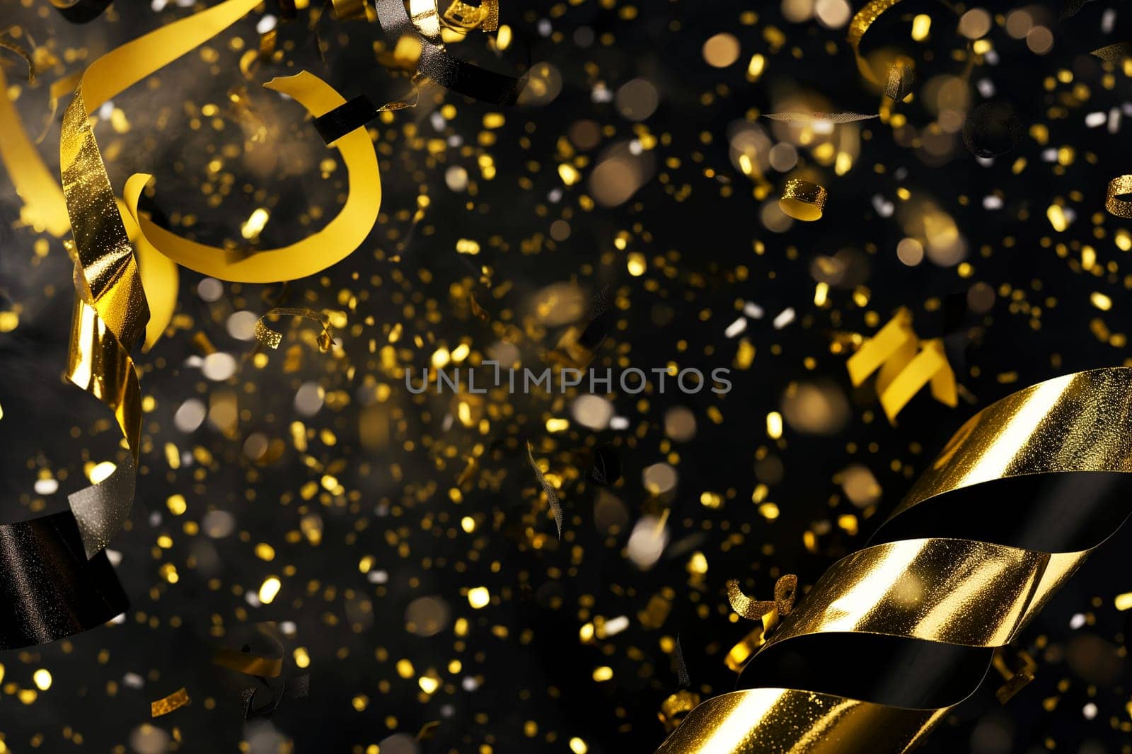 Golden confetti and ribbons sparkle in a festive party celebration with glitter and black streamers