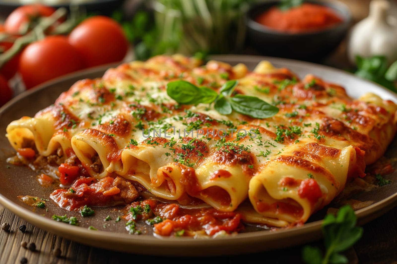 Baked cannelloni pasta with cheese and tomato sauce, garnished with herbs, an Italian gourmet dish
