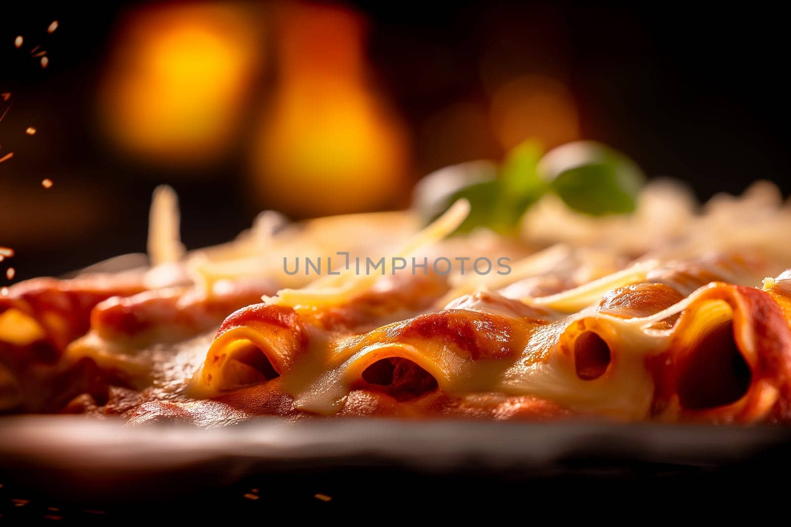 Delicious baked Italian pasta with cheese, tomato sauce, and basil - perfect Italian meal