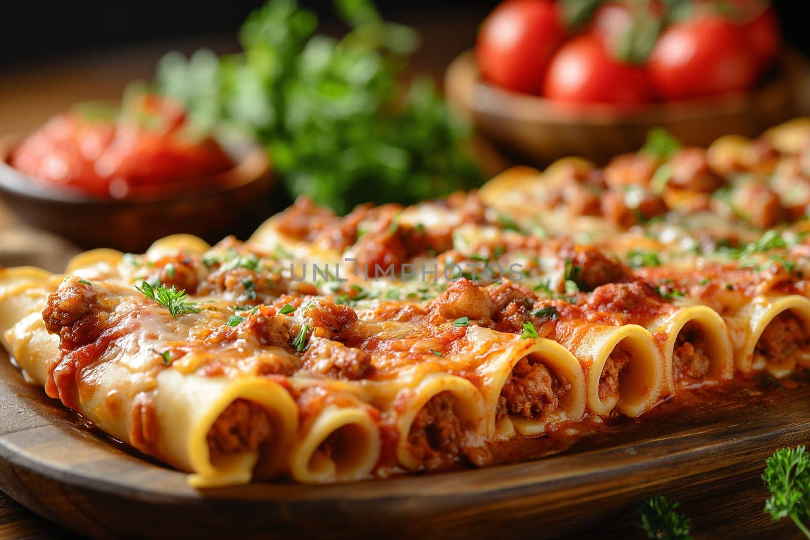 Delicious Italian meat and cheese stuffed cannelloni pasta dish with tomato sauce
