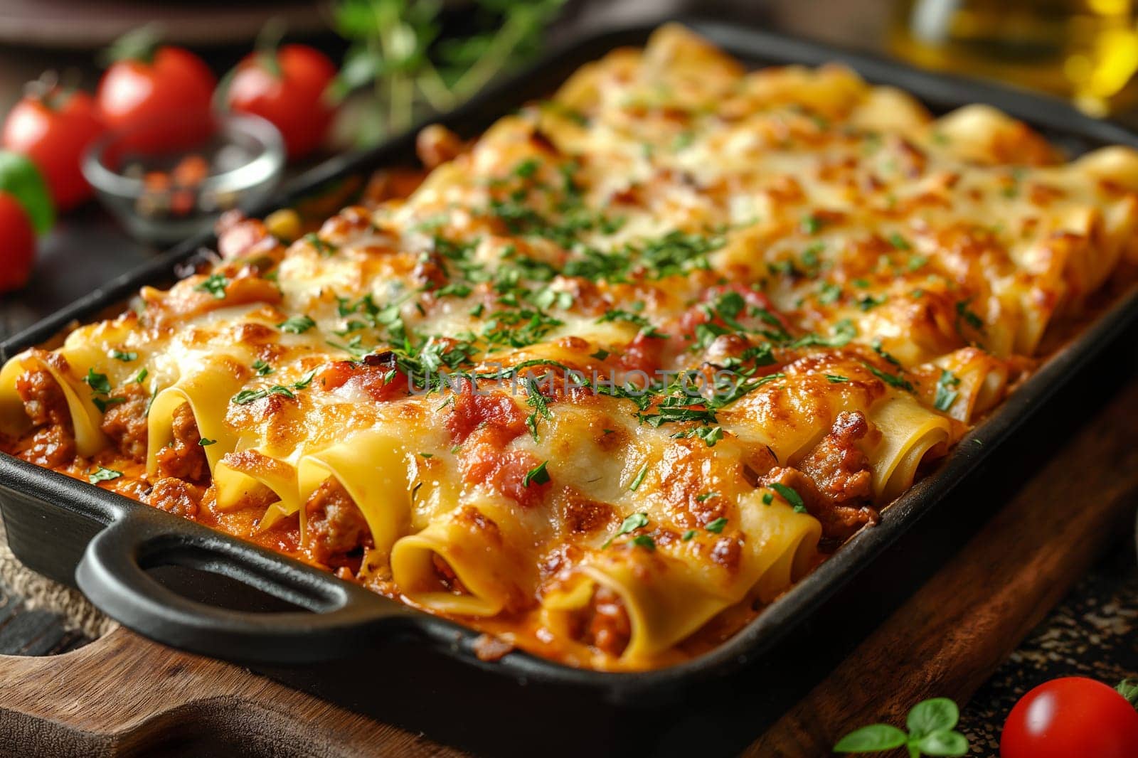 Delicious baked lasagna with cheese, herbs, and tomato for an Italian cuisine dinner