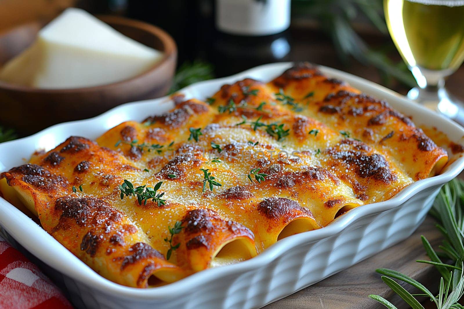 Delicious homemade Italian lasagna with cheese, savory baked pasta, and melted herbs for dinner