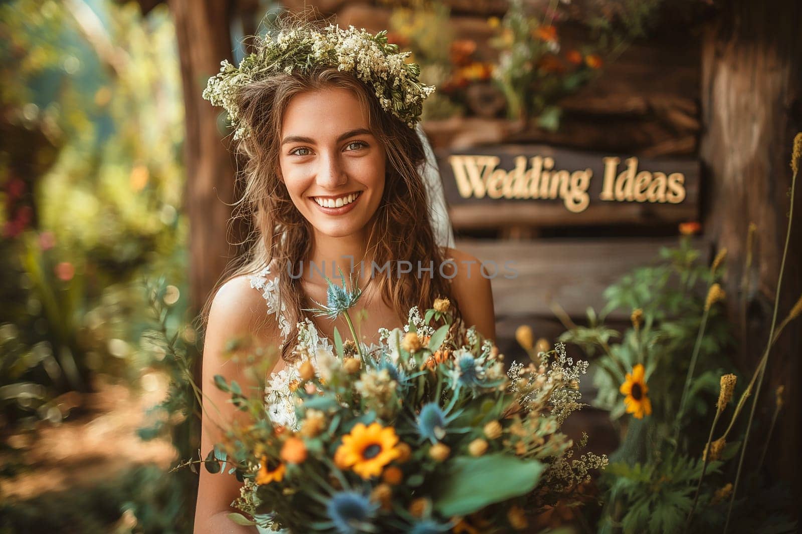 Smiling bride with a floral crown holding a bouquet of flowers in rustic wedding decor