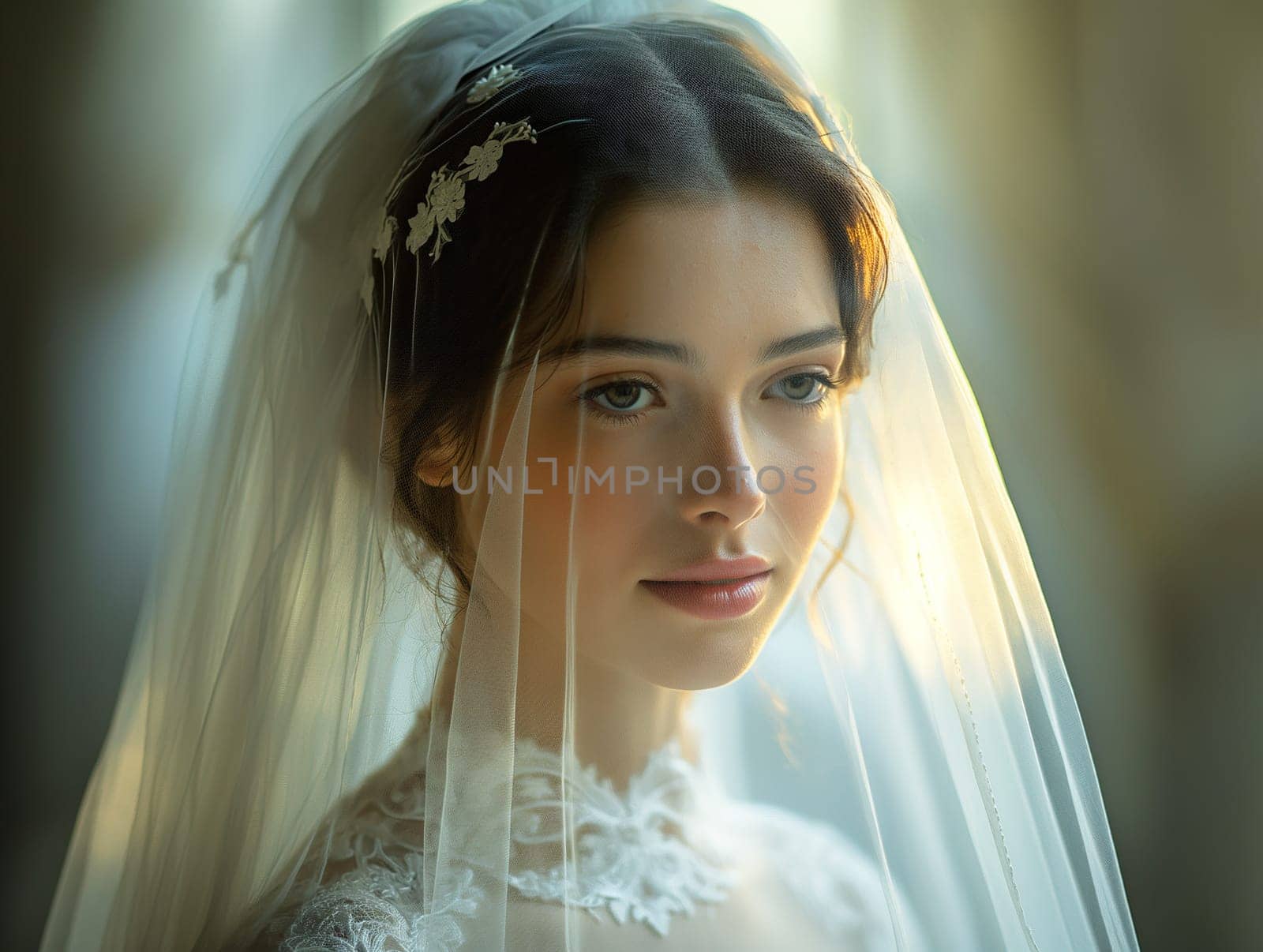 Bride with veil in wedding portrait, wearing dress, surrounded by nature, showing elegance and beauty