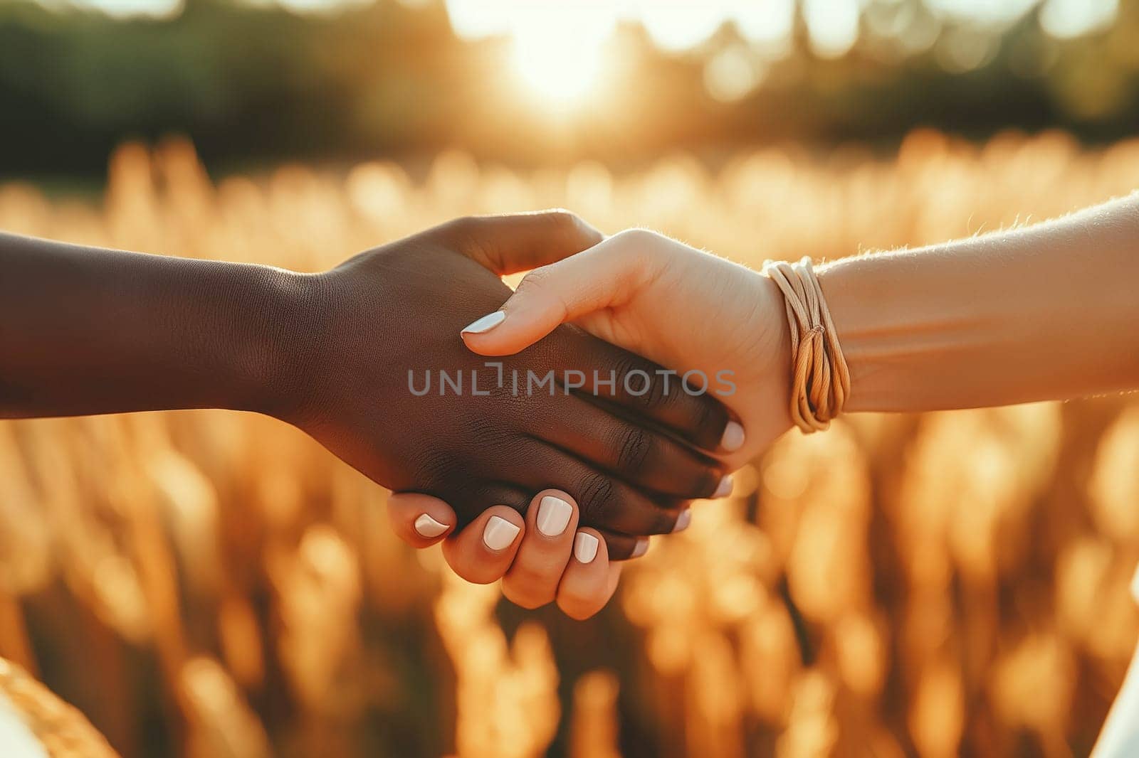 Unity and diversity symbolized by two hands holding against the backdrop of nature at sunset