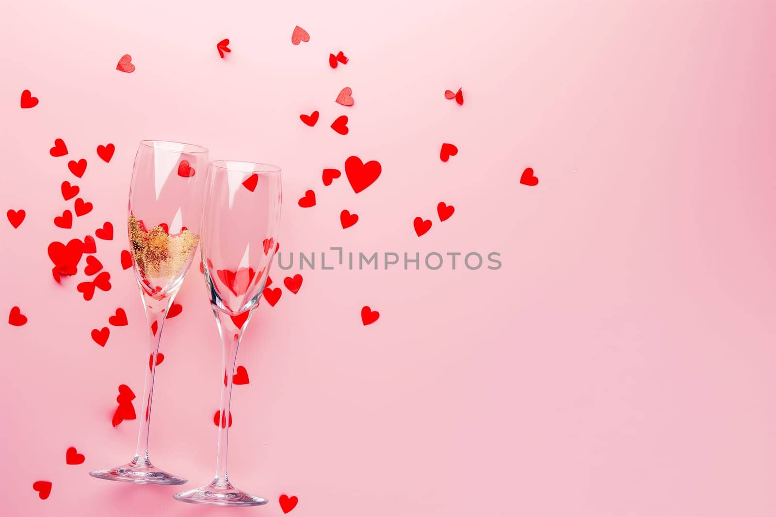 Romantic celebration with champagne glasses, hearts, and sparkling toast of love for valentine couple
