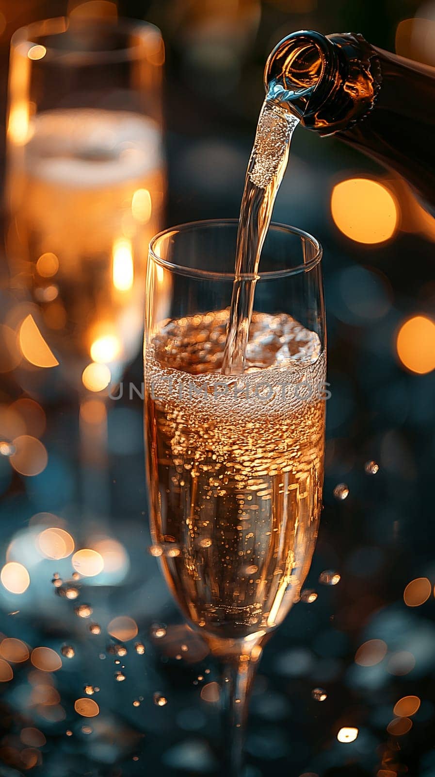 Champagne glass pouring sparkling bubbles for a celebration party toast with friends and family