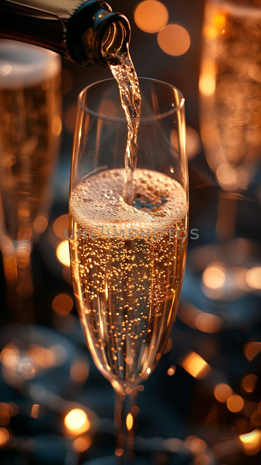 Golden champagne bubbles in a festive glass during a celebration toast with sparkling drink pour