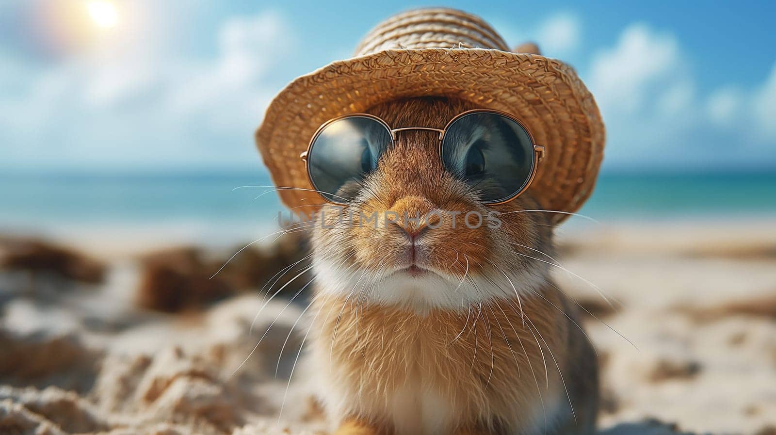 Cute rabbit wearing sunglasses and a hat on a sandy beach, enjoying a summer vacation