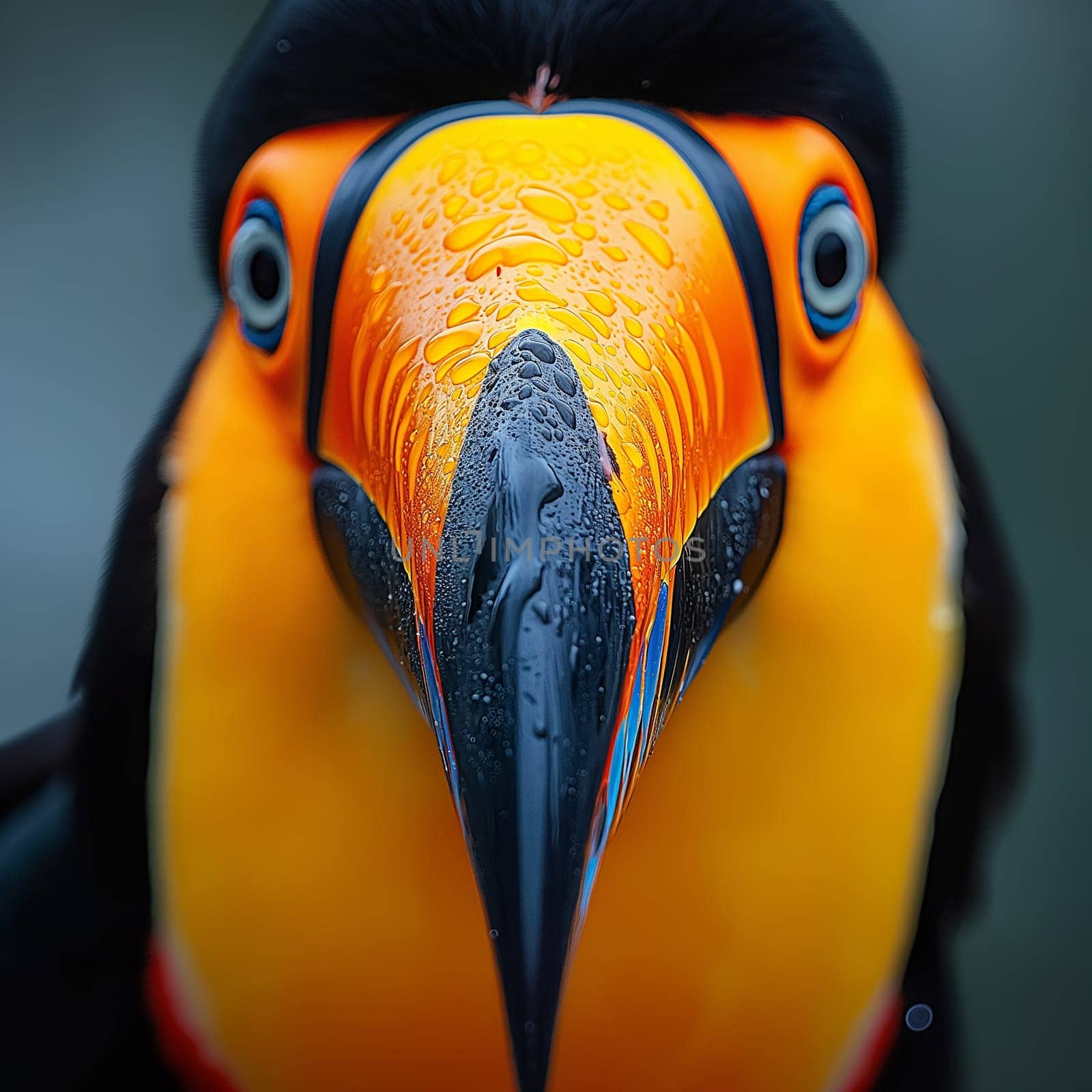 Closeup of a vibrant toucan with colorful beak and eye in a rainforest setting