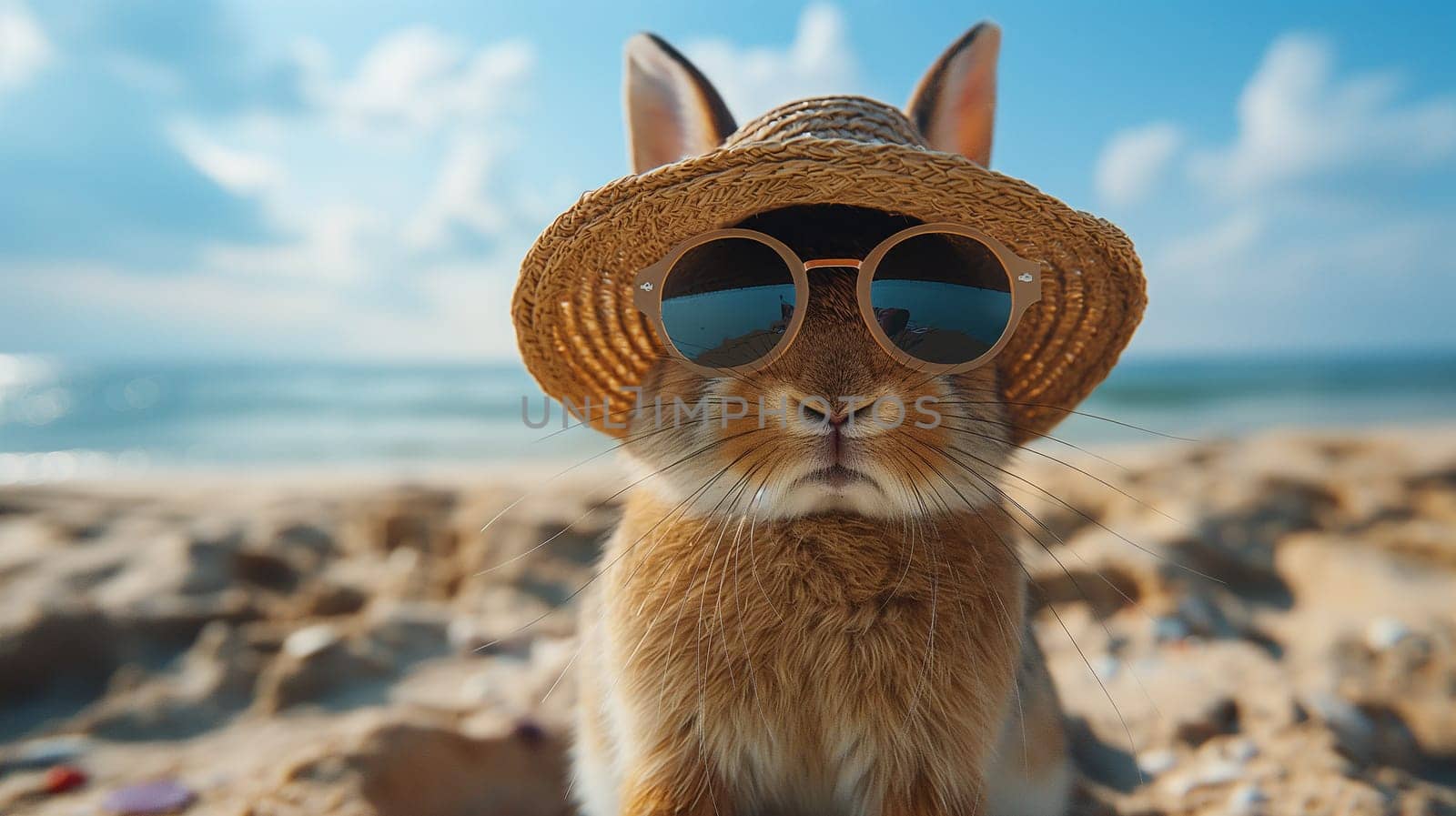 Cute bunny wearing sunglasses and sunhat on a sunny beachfront with a fluffy portrait of rabbits
