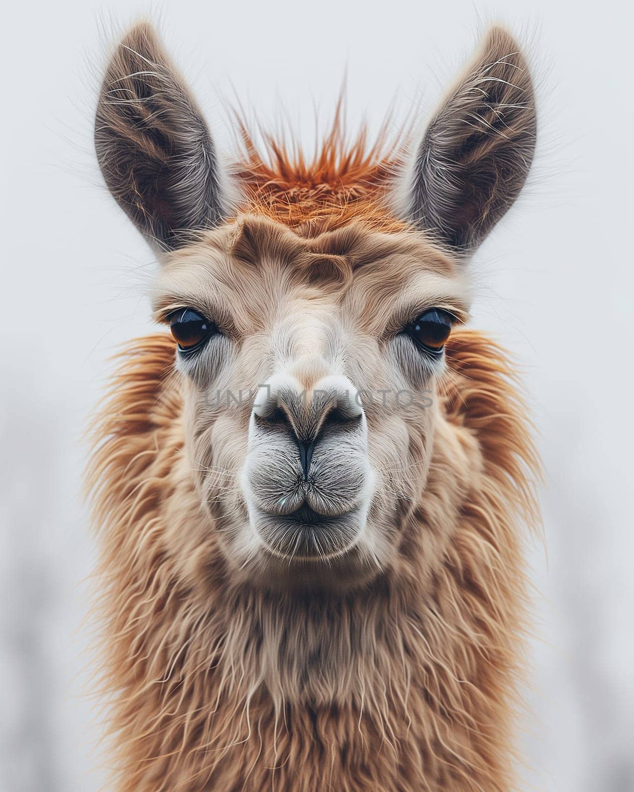 Closeup portrait of a furry brown llama with expressive eyes and fluffy fur in nature