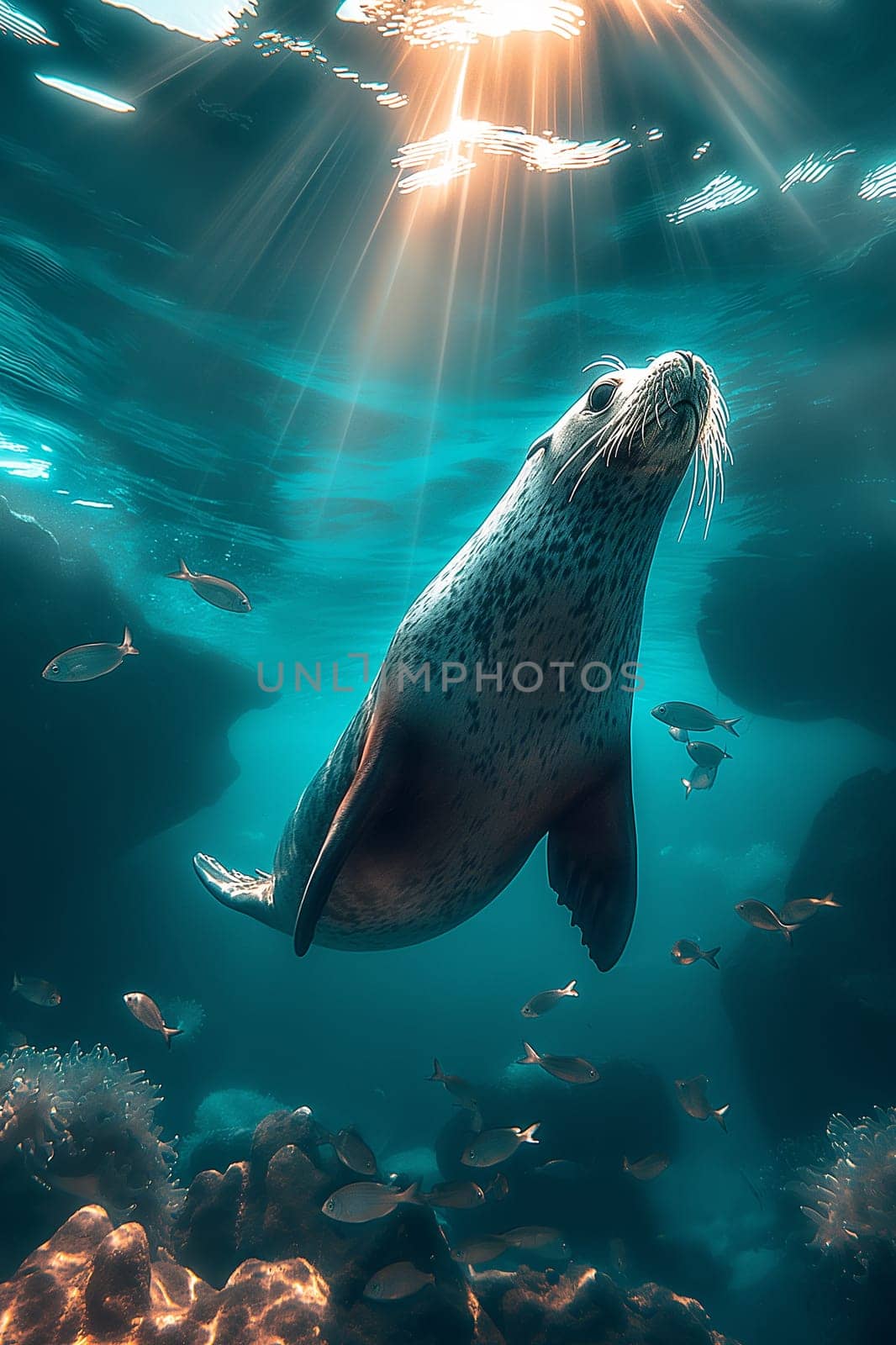 Seal swimming underwater with fish and coral in the ocean illuminated by sunlight