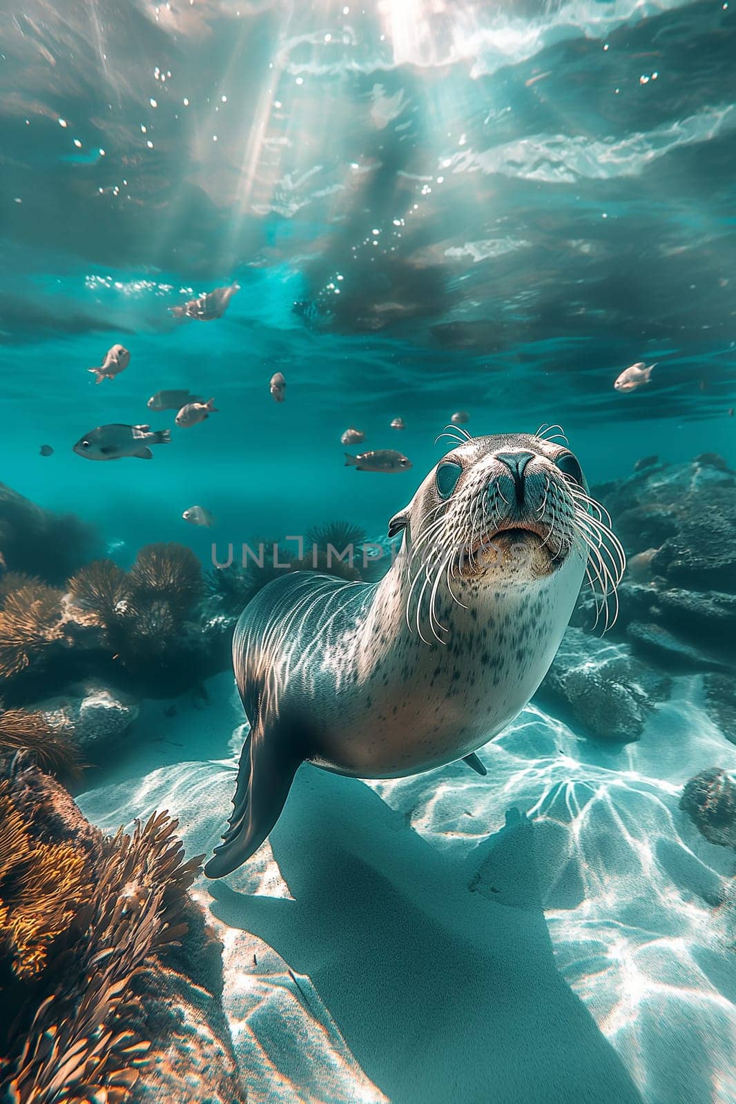 Seal swimming underwater in the ocean with marine wildlife, fish, and coral