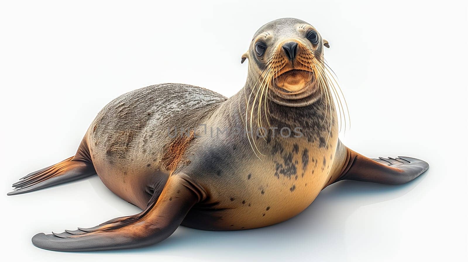 A marine seal basking in the sunlight on the beach with its flippers spread in a tranquil ocean habitat