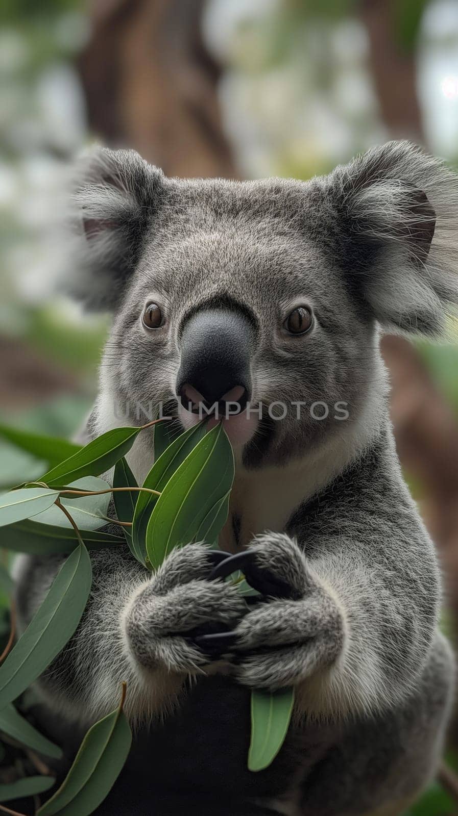 Koala bear eating eucalyptus leaves in its natural habitat, a common sight in the forests of Australia