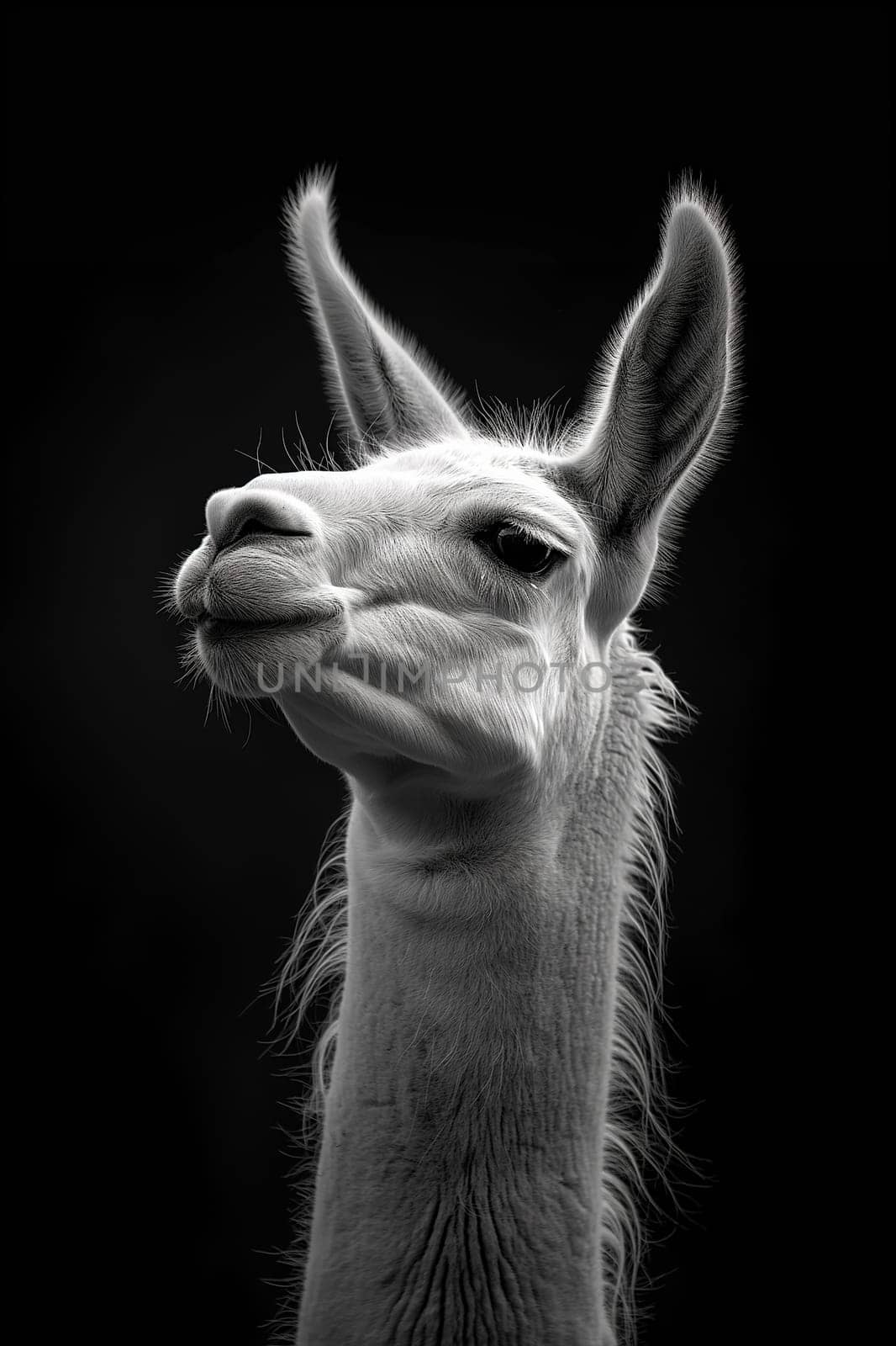 Portrait of a white llama with fur and ears, in nature, closeup with black background
